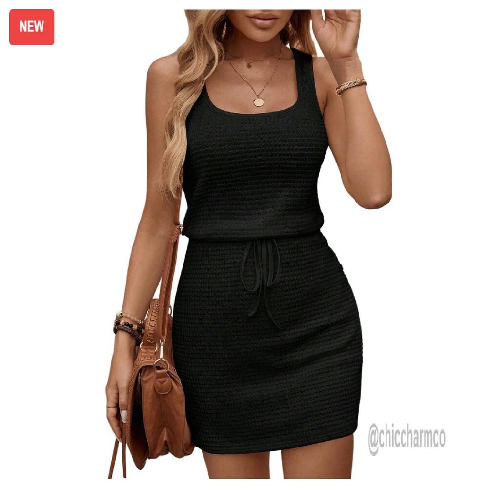 Waffle Knit Square Neck Tank Dress A-Line High Waisted Summer Casual